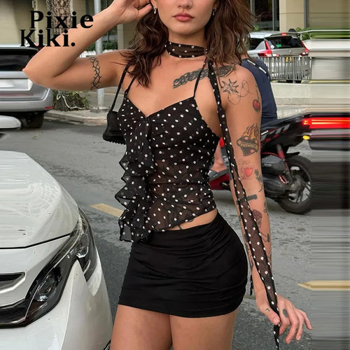 Load image into Gallery viewer, Polka Dot Printed Mesh Transparent Sexy Crop Tops Women 2024 Summer French Style Draped V Neck Tanks &amp; Camis P95-CD12
