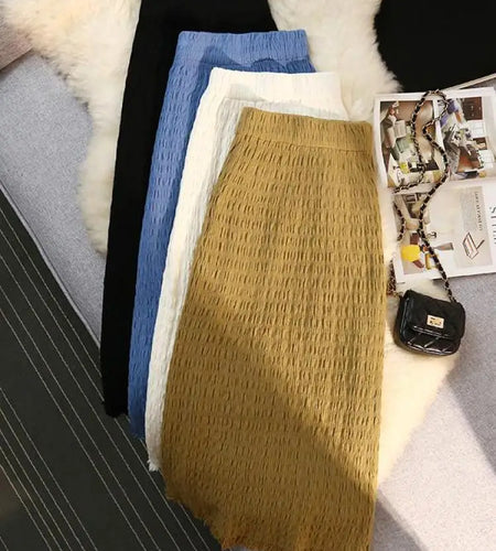 Women Solid Straight Slim Knitted Midi Skirt 2023 Autumn Winter Vintage Elegant Elastic High Waist Tassel Wrap Hip Skirts Female