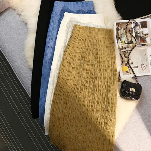 Load image into Gallery viewer, Women Solid Straight Slim Knitted Midi Skirt 2023 Autumn Winter Vintage Elegant Elastic High Waist Tassel Wrap Hip Skirts Female
