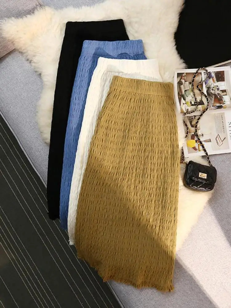 Women Solid Straight Slim Knitted Midi Skirt 2023 Autumn Winter Vintage Elegant Elastic High Waist Tassel Wrap Hip Skirts Female