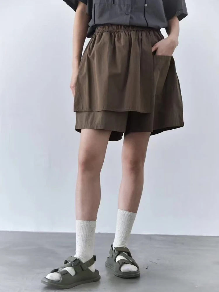Women Brown Irregular Spliced Casual Wide Leg Shorts New High Waist Trousers Fashion Tide Spring Summer 2025 1DJ1433