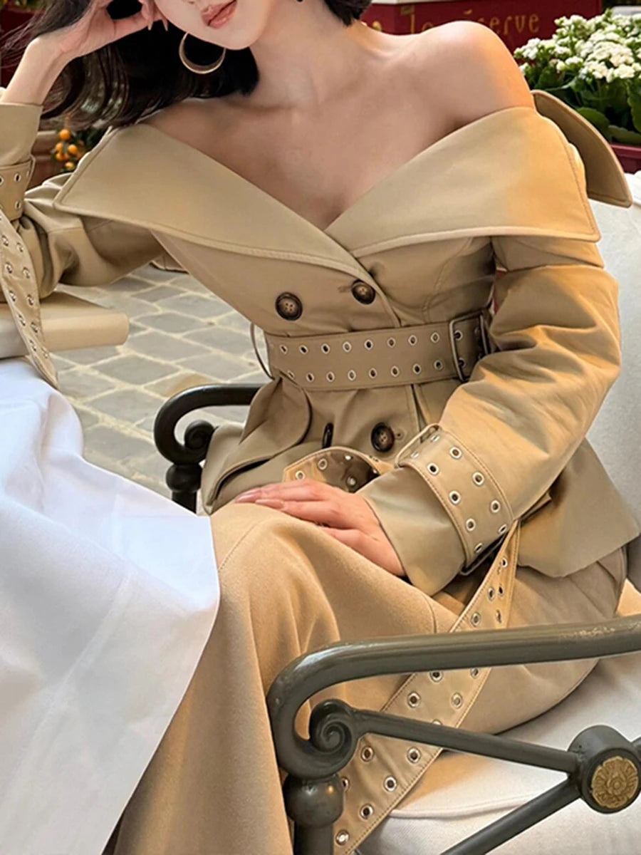 Slimming Spliced Lace Up Elegant Jackets for Women V Neck Long Sleeves Patchwork Double Breasted Jacket Female New