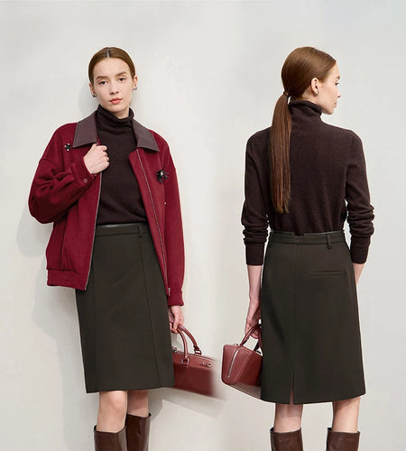 Minimalist Skirts For Women 2025 Winter New Straight Solid Knit Midi Skirt Patchwork Leather Casual Woman Clothes 12524092