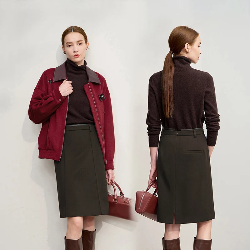 Minimalist Skirts For Women 2025 Winter New Straight Solid Knit Midi Skirt Patchwork Leather Casual Woman Clothes 12524092