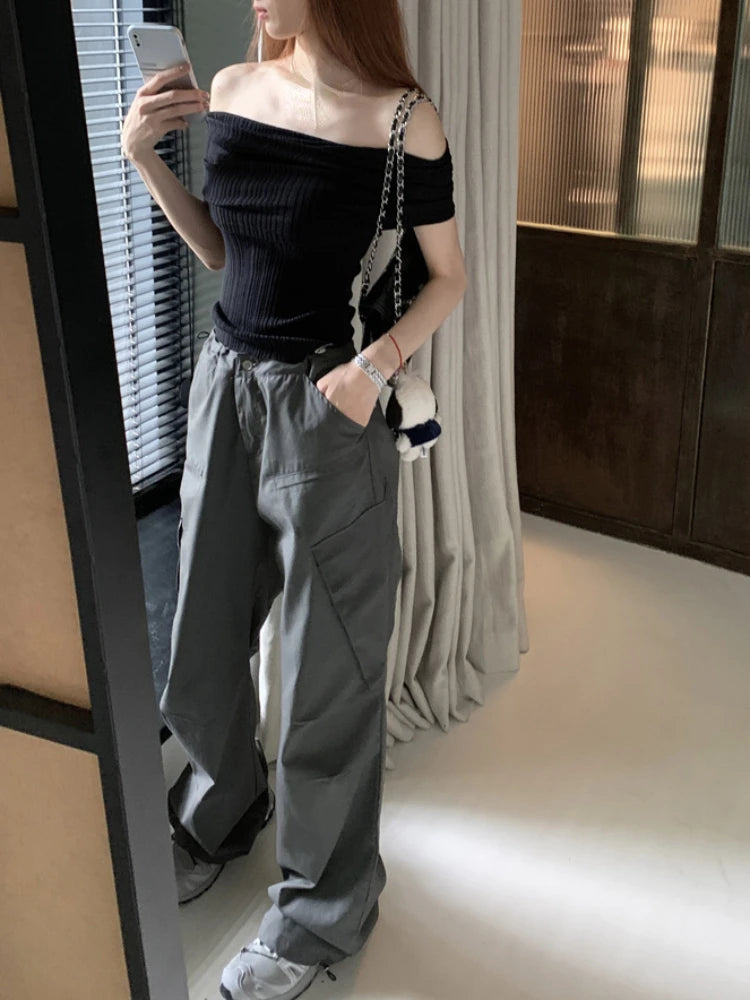 Slash Neck Short Sleeve Y2k Aesthetic T-Shirts Women Chic Off Shoulder Slim Tshirts Summer Fashion Casual Bottoming Tee Shirts