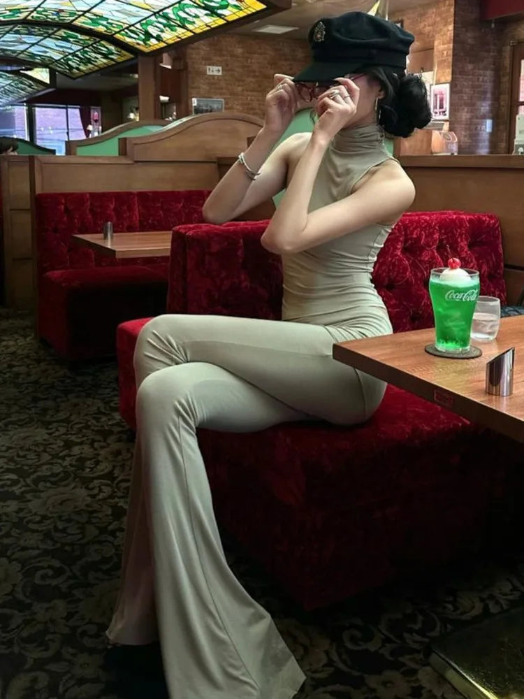 Fashion Sleeveless Tank Top Tight Pants Women's Set Solid Color Slim Two Piece Flare Pants Female Casual Street 2024