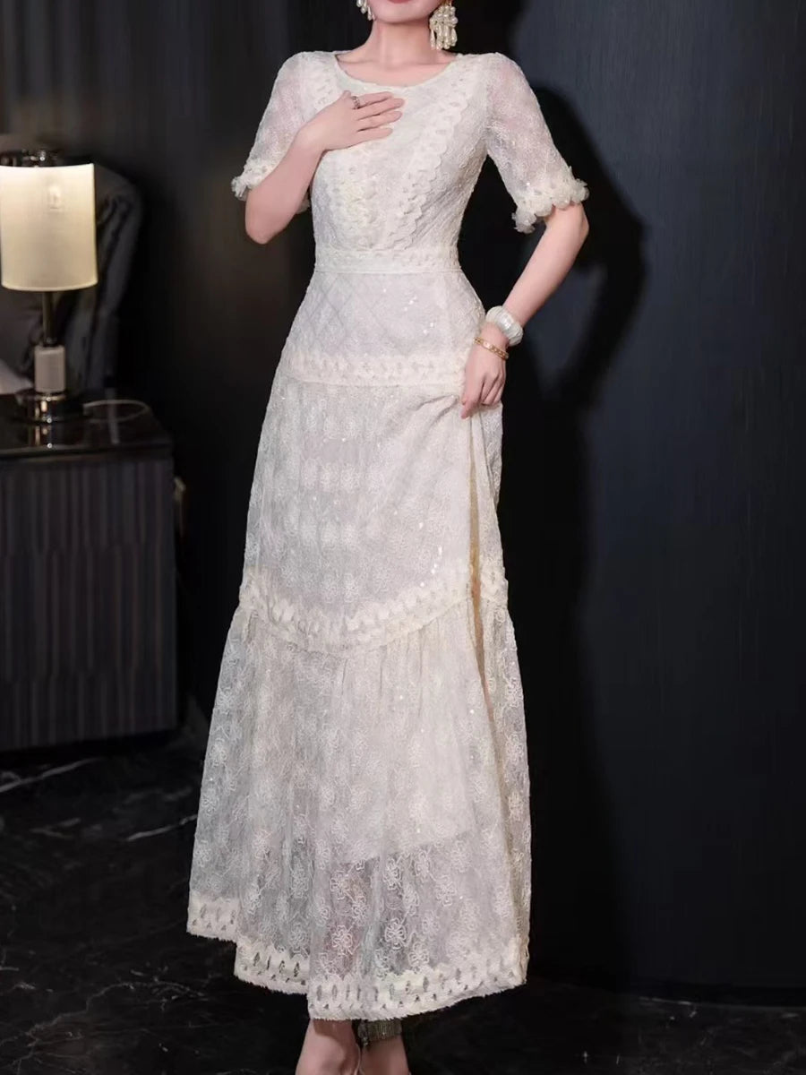 Solid Spliced Sequines Slimming Dresses For Women O Neck Long Sleeve High Waist Temperament Dress Female Fashion