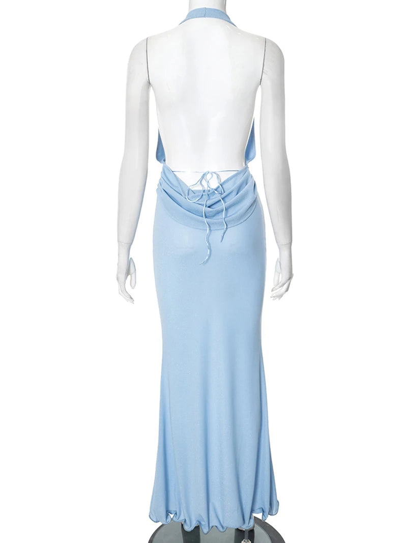 Halter Deep V Neck Backless Sexy Maxi Dress For Women Fashion Sleeveless High Waist Slim-fit Beach Club Party Dress