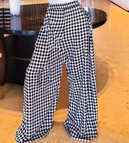 Trendy Clothing  Autumn Women's Houndstooths Long Pants High Waisted 2024 Winter Loose Wide Leg Woman Plaid Trousers