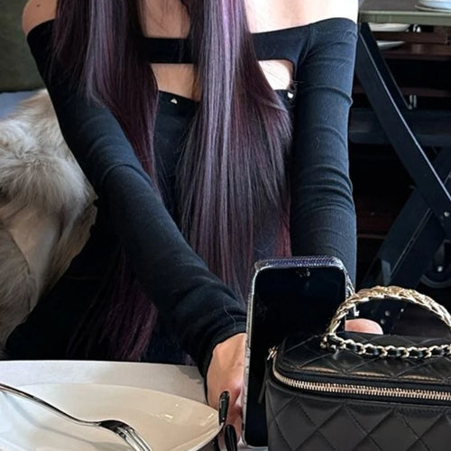 Load image into Gallery viewer, Y2k Aesthetic Women Sexy Hollow Out Rivet T-shirt Vintage Solid Streetwear Grunge Tshirts Harajuku Vintage Slash Neck Tees Femme
