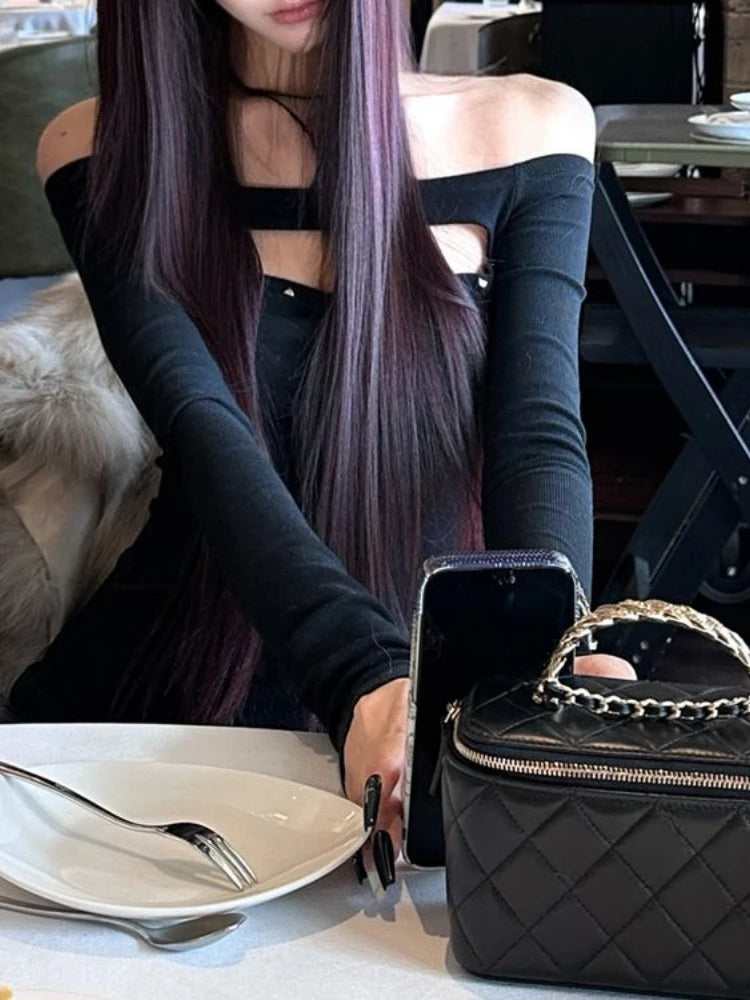 Y2k Aesthetic Women Sexy Hollow Out Rivet T-shirt Vintage Solid Streetwear Grunge Tshirts Harajuku Vintage Slash Neck Tees Femme