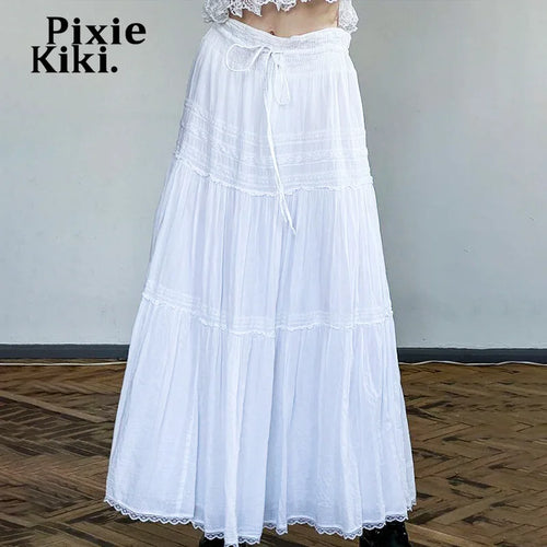 Load image into Gallery viewer, Bohemian Vacation White Skirts for Woman Drawstring Low Waist A-line Long Skirt Summer Clothes Women 2024 P77-EG15
