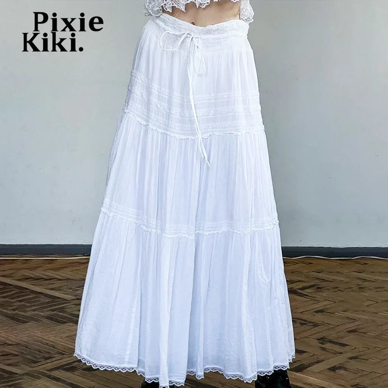 Bohemian Vacation White Skirts for Woman Drawstring Low Waist A-line Long Skirt Summer Clothes Women 2024 P77-EG15