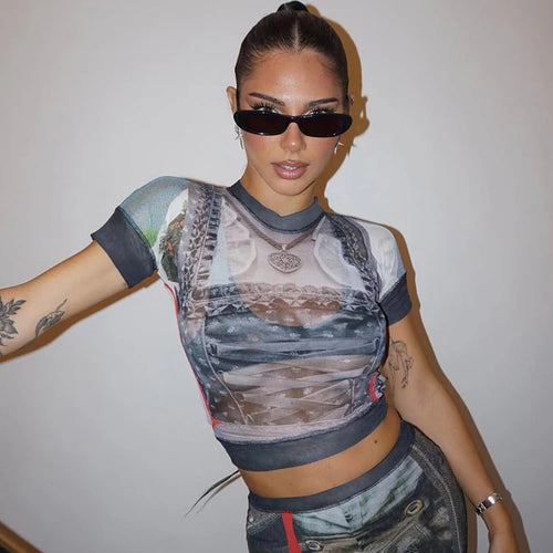 Load image into Gallery viewer, Sexy Vintage Print See Through 2 Piece Set Women Shorts Sleeve Crop Tops+Flare Pants Matching Midnight Fit Club Outfit
