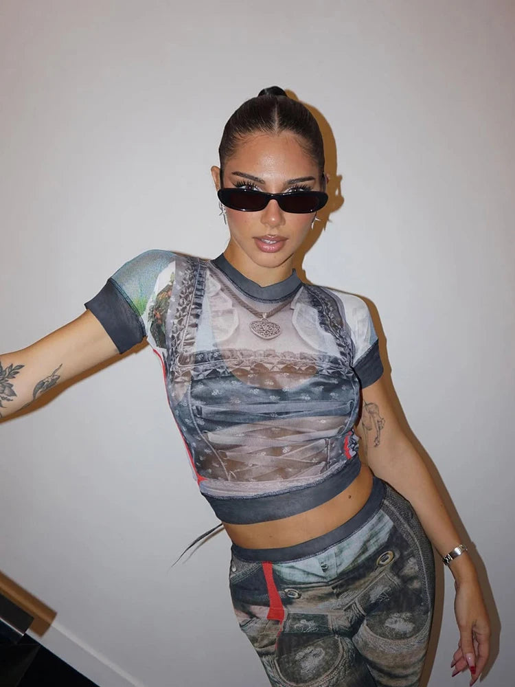 Sexy Vintage Print See Through 2 Piece Set Women Shorts Sleeve Crop Tops+Flare Pants Matching Midnight Fit Club Outfit
