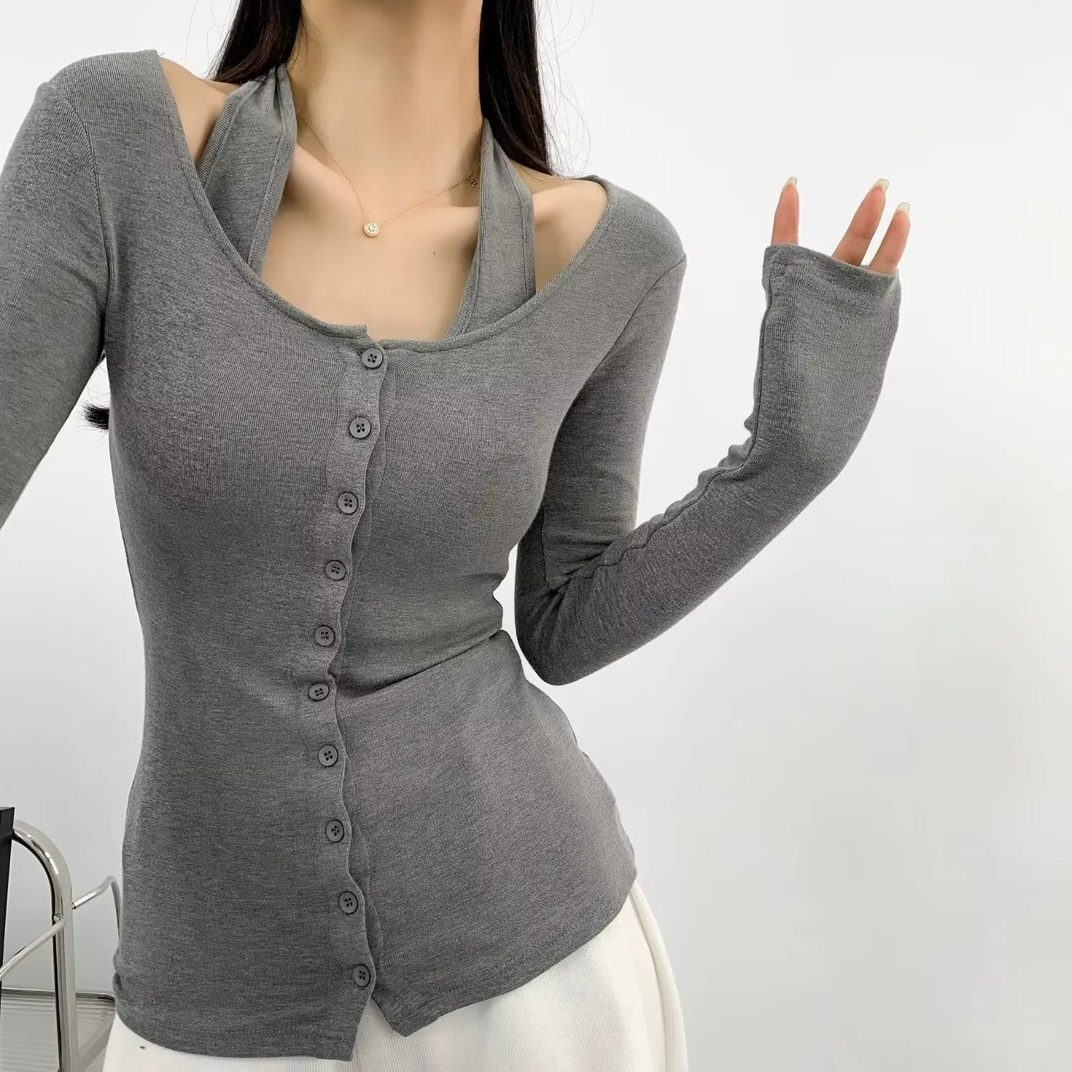 Y2k Sexy Fake Two Pieces Set Long Sleeve Halter Top Women Solid Skinny Patchwork Basic Tee Shirts Korean Fashion  Tshirts