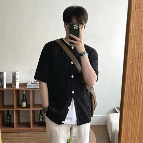 Load image into Gallery viewer, Korean Style Men&#39;s Cardigan Casual Knitted Round Neck Tops Short Sleeve Single Brteasted Solid Color Loose  Sweater 9C6496
