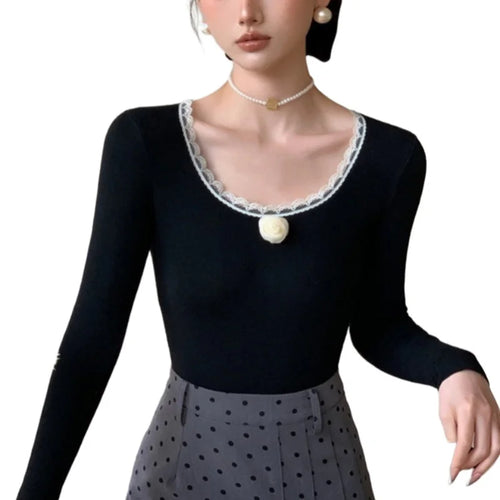 Load image into Gallery viewer, y2k Clothes Tops Women 3D Flower Lace Trim Round Neck Long Sleeve Ribbed T Shirt 2000s Aesthetic Clothing Streetwear
