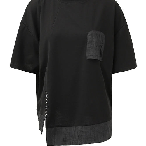Load image into Gallery viewer, Women Black Pocket Color-block Topstitched Big Size T-shirt New Round Neck Short Sleeve Fashion Spring Summer 2025 1DH5356
