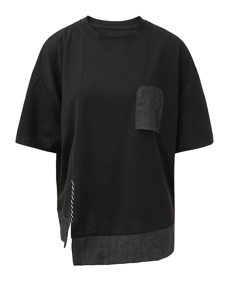 Women Black Pocket Color-block Topstitched Big Size T-shirt New Round Neck Short Sleeve Fashion Spring Summer 2025 1DH5356