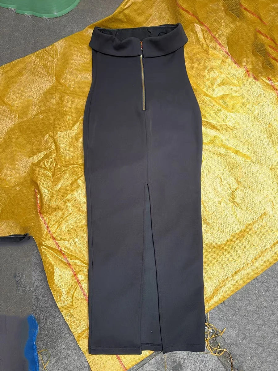 Black Slimming Spliced Metal Buckle Fashion Dresses for Women Strapless Sleeveless Long Dress Female Clothing New