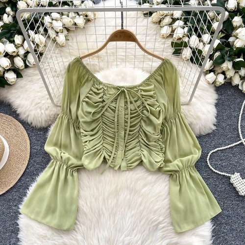 Load image into Gallery viewer, French 2024 Autumn New Black Beige Slim Festival Blouse Women Green Flared Long Sleeved Pleated Lace-up Short Shirt Versatile

