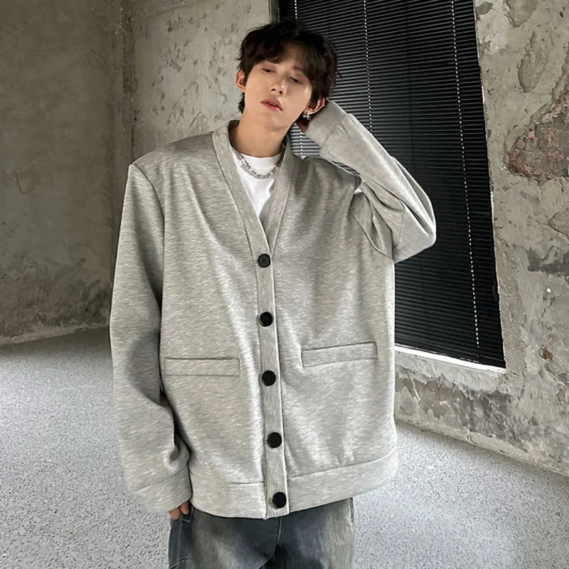 V-neck Men's Warm Top Single-breasted Pockets Solid Color Long Sleeve Korean Style Male Casual Jacket 2024 Autumn 9C9027
