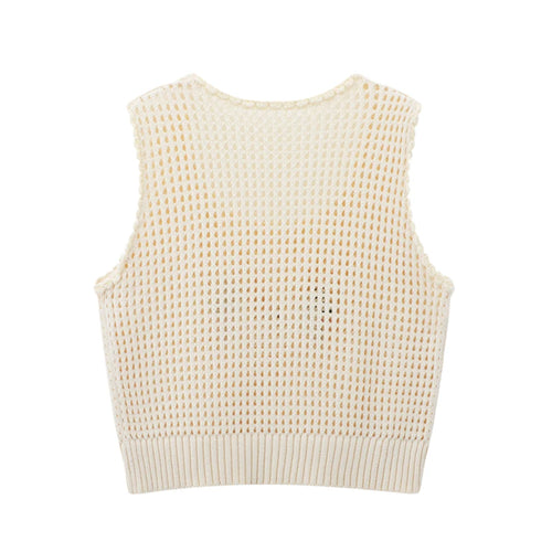 Load image into Gallery viewer, Women Fashion Beige Hollow Out Cropped Knitted Sweater Vest Vintage O-Neck Sleeveless Female Chic Lady Tank Tops B-052
