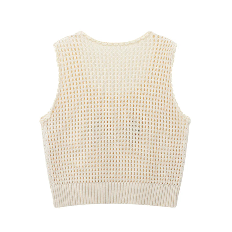 Women Fashion Beige Hollow Out Cropped Knitted Sweater Vest Vintage O-Neck Sleeveless Female Chic Lady Tank Tops B-052