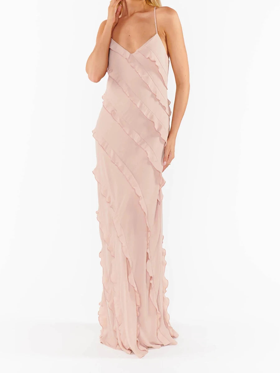 Hit Color Spliced Ruffles Slimming Dresses For Women V Neck Sleeveless High Waist Temperament Dress Female Fashion