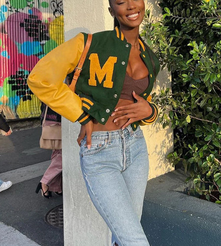 Autumn Hipster PU Jacket Women Long Sleeve Patchwork Short Varsity Baseball Coat Female Casual Warm Streetwear Top