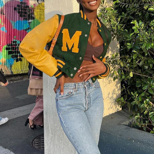 Load image into Gallery viewer, Autumn Hipster PU Jacket Women Long Sleeve Patchwork Short Varsity Baseball Coat Female Casual Warm Streetwear Top
