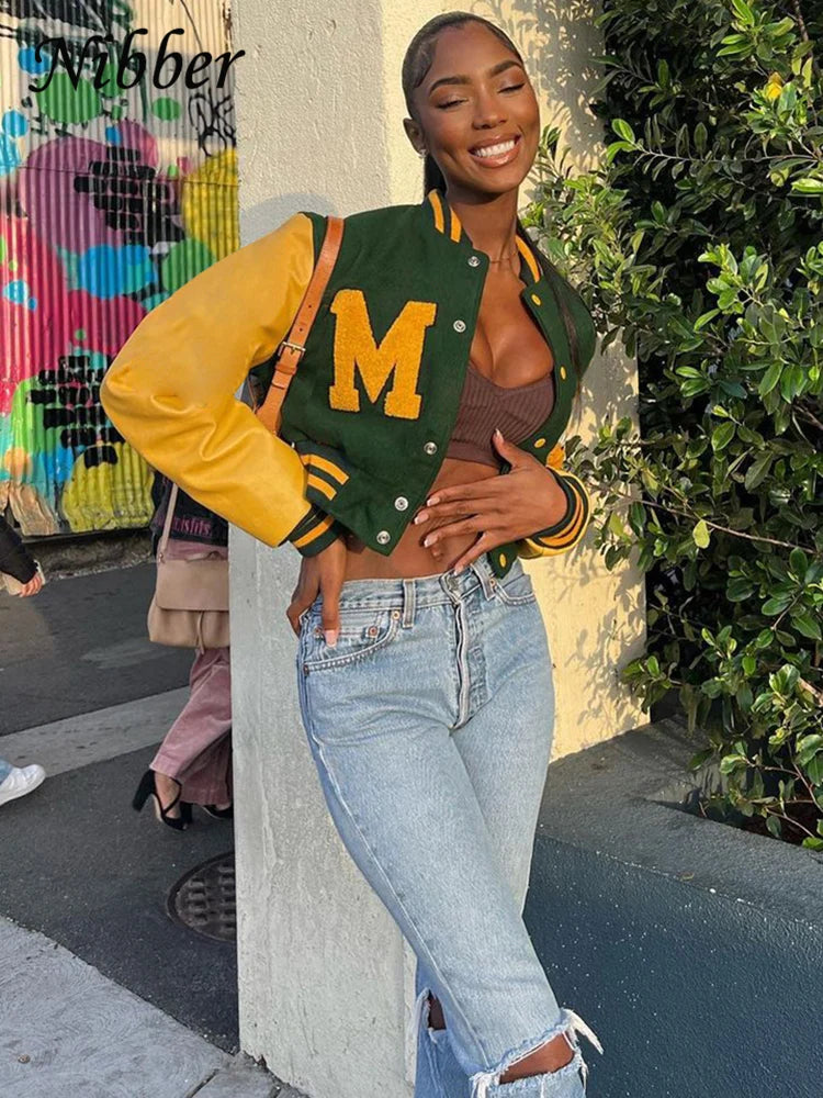 Autumn Hipster PU Jacket Women Long Sleeve Patchwork Short Varsity Baseball Coat Female Casual Warm Streetwear Top