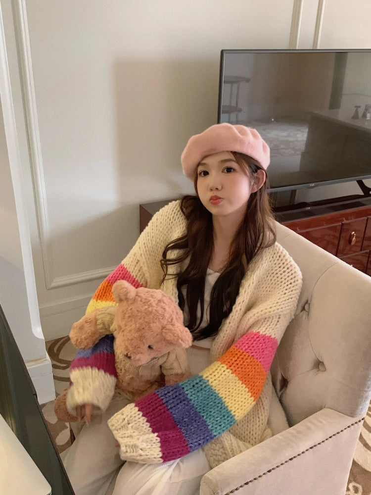 Vintage Rainbow Striped Sweaters Female Casual Sweet Y2k Cardigan Korean Fashion Knitted Top 2025 Autumn Kardigany
