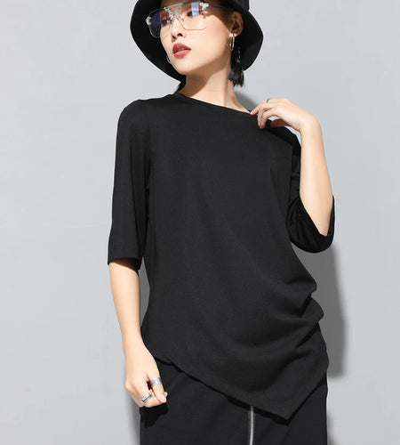 Women Black Irregular Pleated Big Size Casual T-shirt New Round Neck Half Sleeve Fashion Tide Spring Summer 2025 1DJ1831