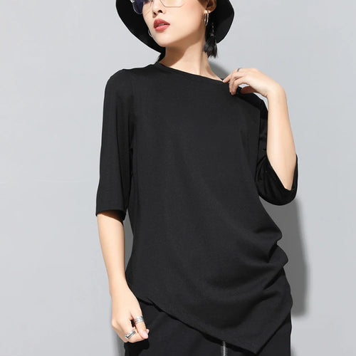 Load image into Gallery viewer, Women Black Irregular Pleated Big Size Casual T-shirt New Round Neck Half Sleeve Fashion Tide Spring Summer 2025 1DJ1831
