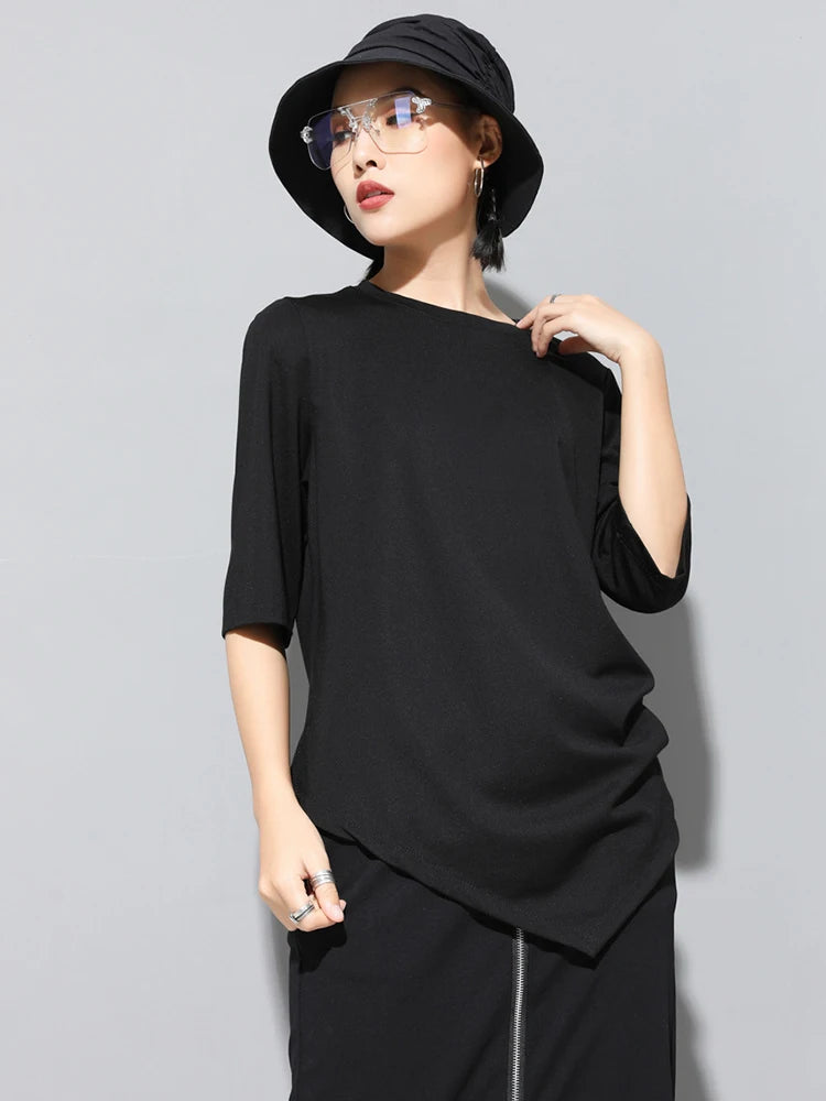 Women Black Irregular Pleated Big Size Casual T-shirt New Round Neck Half Sleeve Fashion Tide Spring Summer 2025 1DJ1831