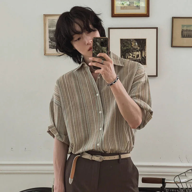 Men's Short Sleeve Striped Shirts New Summer Loose Single Breasted Casual Turn-down Collar Korean Trendy Top 9W1620