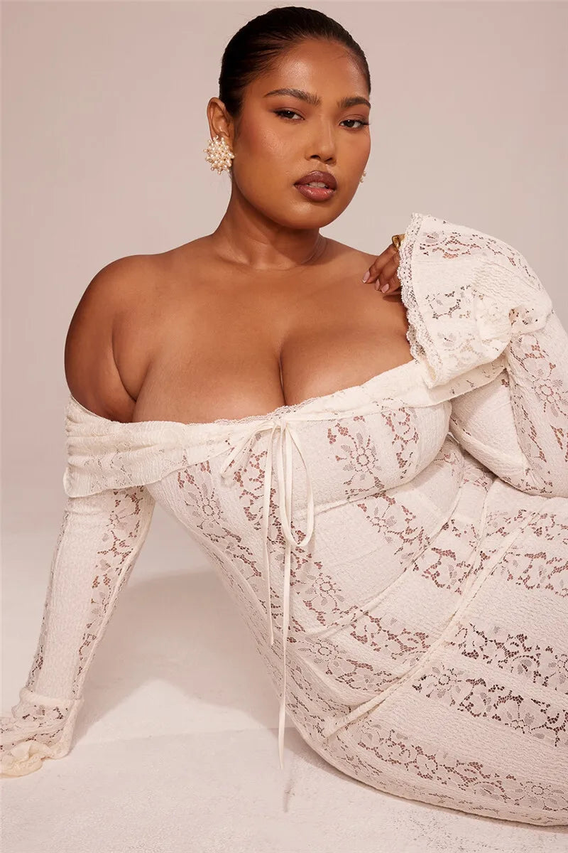 Floral Lace Off-shoulder Maxi Dress For Women White Strapless Backless Long Sleeve Bodycon Club Party Sexy Long Dress