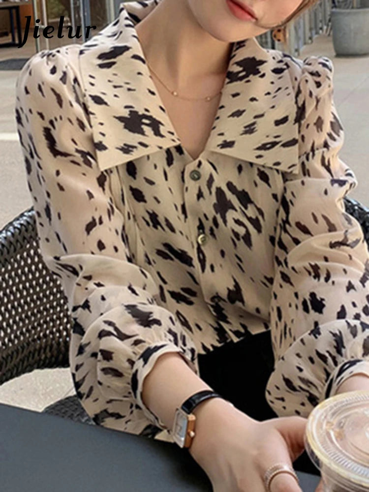 Straight Chic Leopard Print Women Shirts Single Breasted Spell Color Casual Fashion Female Shirt Korean Style Office Lady