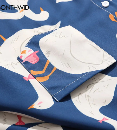Summer Hawaiian Shirts Funny Retro Duck Print Short Sleeve Pocket Tropical Beach Shirts Harajuku Fashion Loose Button Up Shirt
