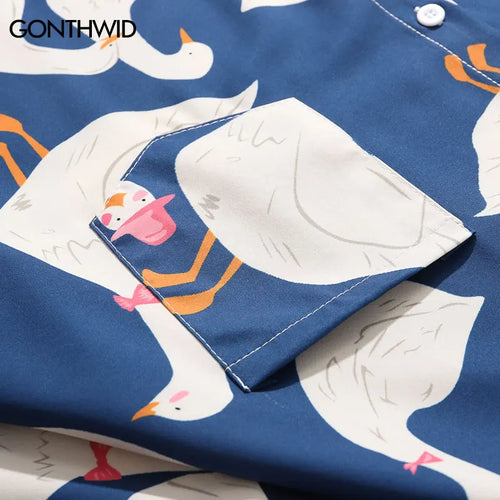 Load image into Gallery viewer, Summer Hawaiian Shirts Funny Retro Duck Print Short Sleeve Pocket Tropical Beach Shirts Harajuku Fashion Loose Button Up Shirt
