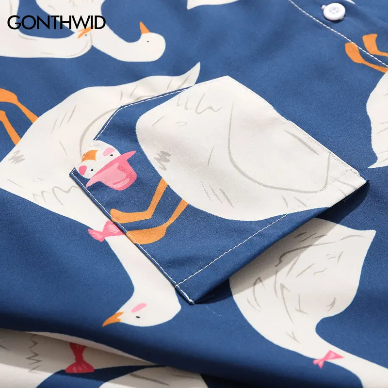 Summer Hawaiian Shirts Funny Retro Duck Print Short Sleeve Pocket Tropical Beach Shirts Harajuku Fashion Loose Button Up Shirt