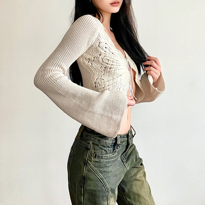 Korean Fashion Y2K Autumn Cardigan Female Front Lace-Up Butterfly Shape Knit Sweater Cropped Sweet Jacket Chic Kawaii