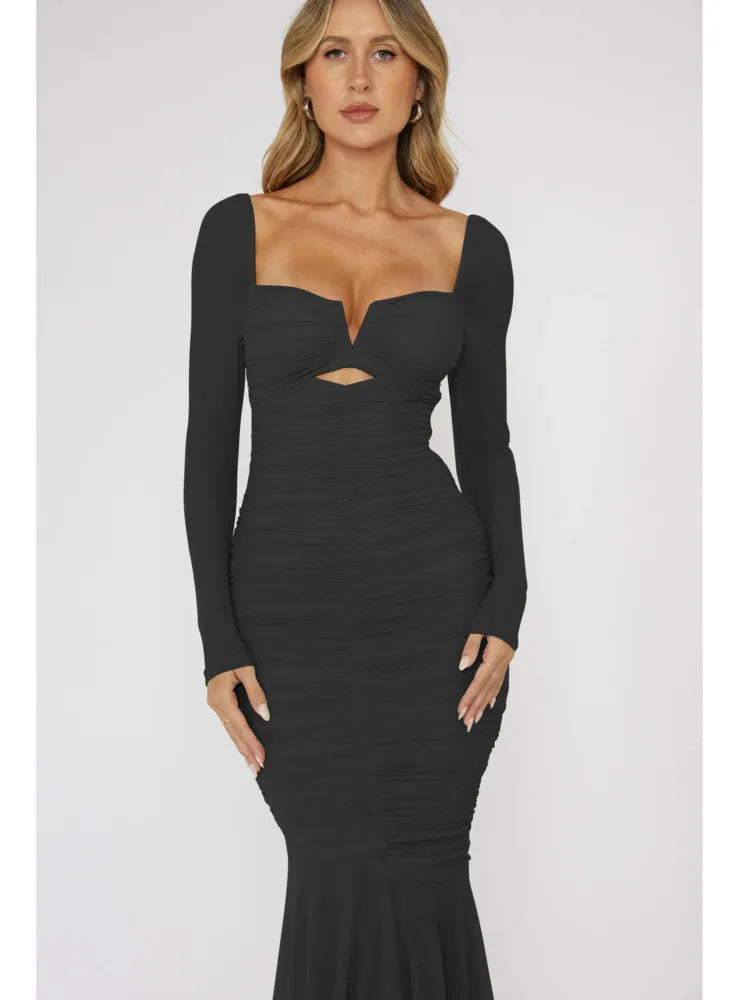 Fashion Mesh Patchwork Long Sleeved Dress Women's Double Fold Bandage Slim Fit Vesidos Elegant Party Evening Dress 2024