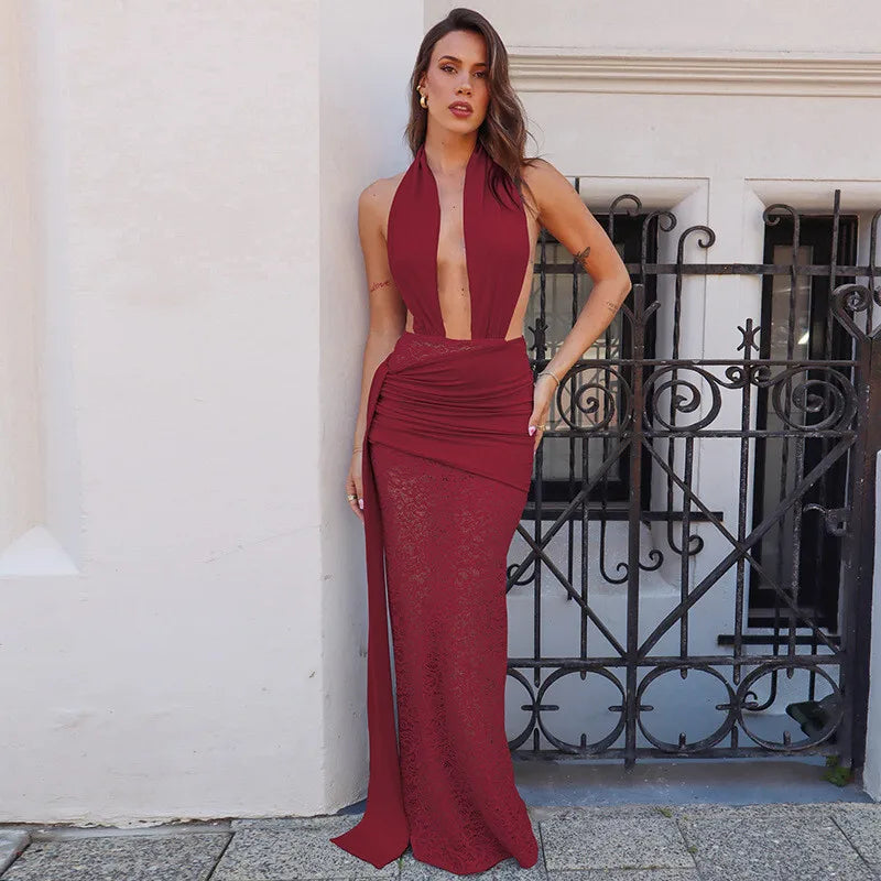 Halter Deep V Neck Sexy Maxi Dress For Women Elegant Fashion Lace Sleeveless Backless Ruched Bodycon Club Long Dress