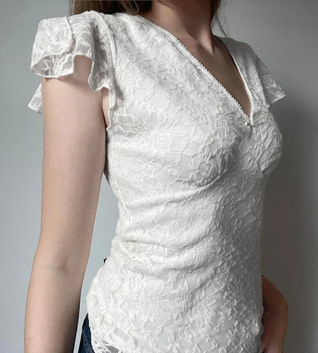 Fashion V-Neck With Bow Lace Slimming T-shirts Women Elegant Solid Chic Short Sleeve Top Tees Y2K Aesthetics Outifits