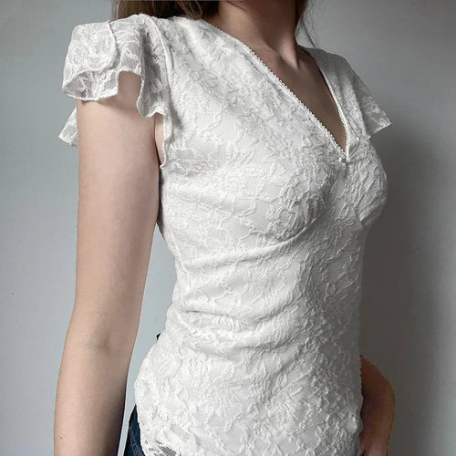 Load image into Gallery viewer, Fashion V-Neck With Bow Lace Slimming T-shirts Women Elegant Solid Chic Short Sleeve Top Tees Y2K Aesthetics Outifits
