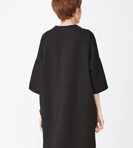 Women Black Zipper Irregular Big Size Long T-shirt New Round Neck Half Sleeve Fashion Tide Spring Summer 2025 1DJ1877