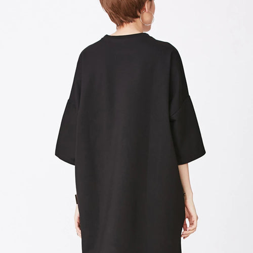 Load image into Gallery viewer, Women Black Zipper Irregular Big Size Long T-shirt New Round Neck Half Sleeve Fashion Tide Spring Summer 2025 1DJ1877
